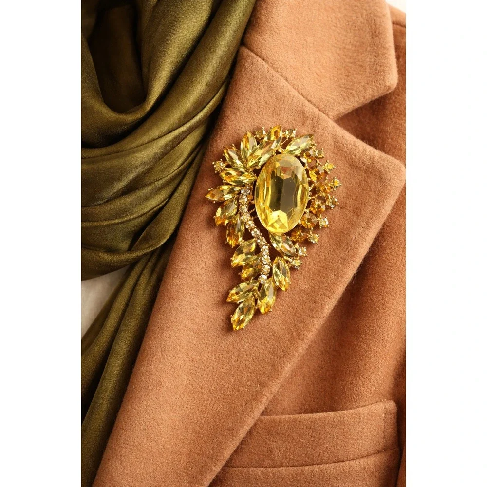 Vintage‎ Topaz Rhinestone Brooch Large Gold Statement Amber Glass Pin
